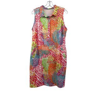 Tee 2 Sea Colorful Print Sleeveless Shift Dress Collared Womens Size XL Pockets